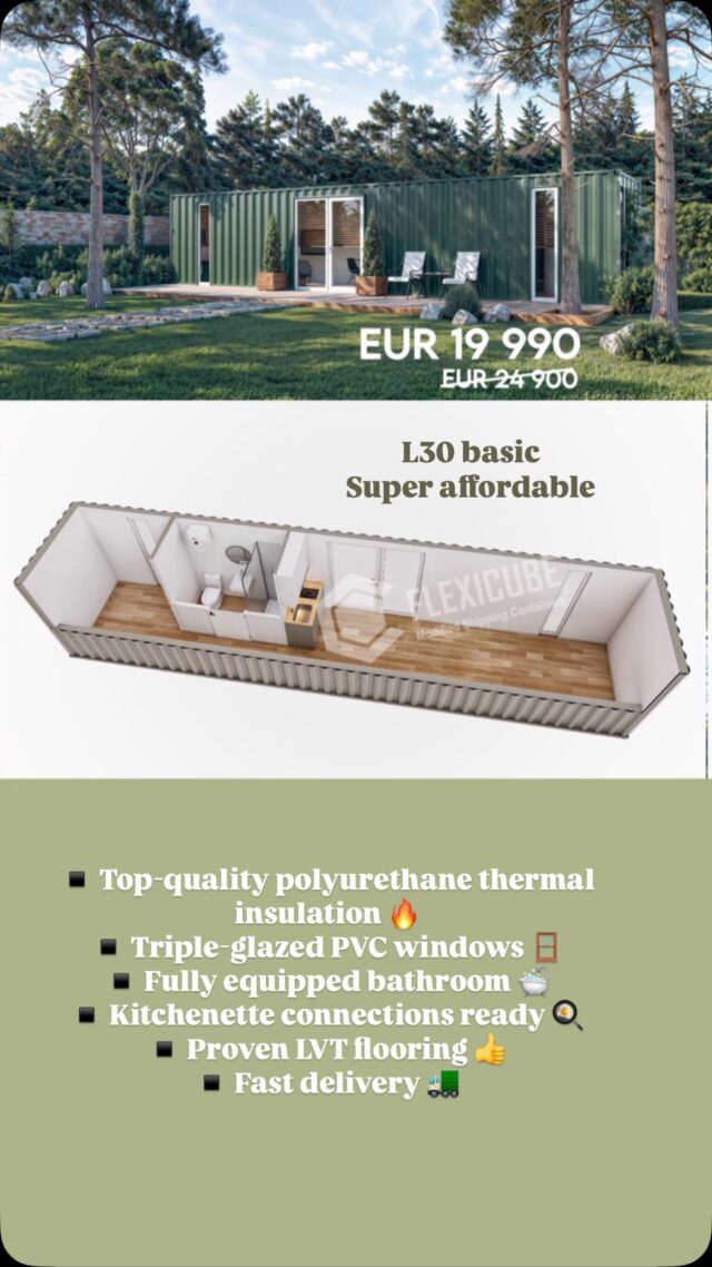 NEW Basic and affordable – exactly what you need, at a price you’ll love. L30 basic 🏡▪️ Top-quality polyurethane thermal insulation 🔥
▪️ Triple-glazed PVC windows 🪟
▪️ Fully equipped bathroom 🛁
▪️ Kitchenette connections ready 🍳
▪️ Proven LVT flooring 👍
▪️ Fast delivery 🚛#container #containerhome #containerhouse  #shippingcontainer #shippingcontainerhome #shippingcontainerhouse #airbnb #glamping #guesthouse #rental #containerdesign #cabin #cabinlife #tinyhome #tinyhouse #containerarchitecture #mancave #containersolutions #homeinspiration #homeinspo #homesweethome #housedesign #haus #apartment #flexicube #flexicubepl #homedecor #build #beautifulhomes #affordablehomes