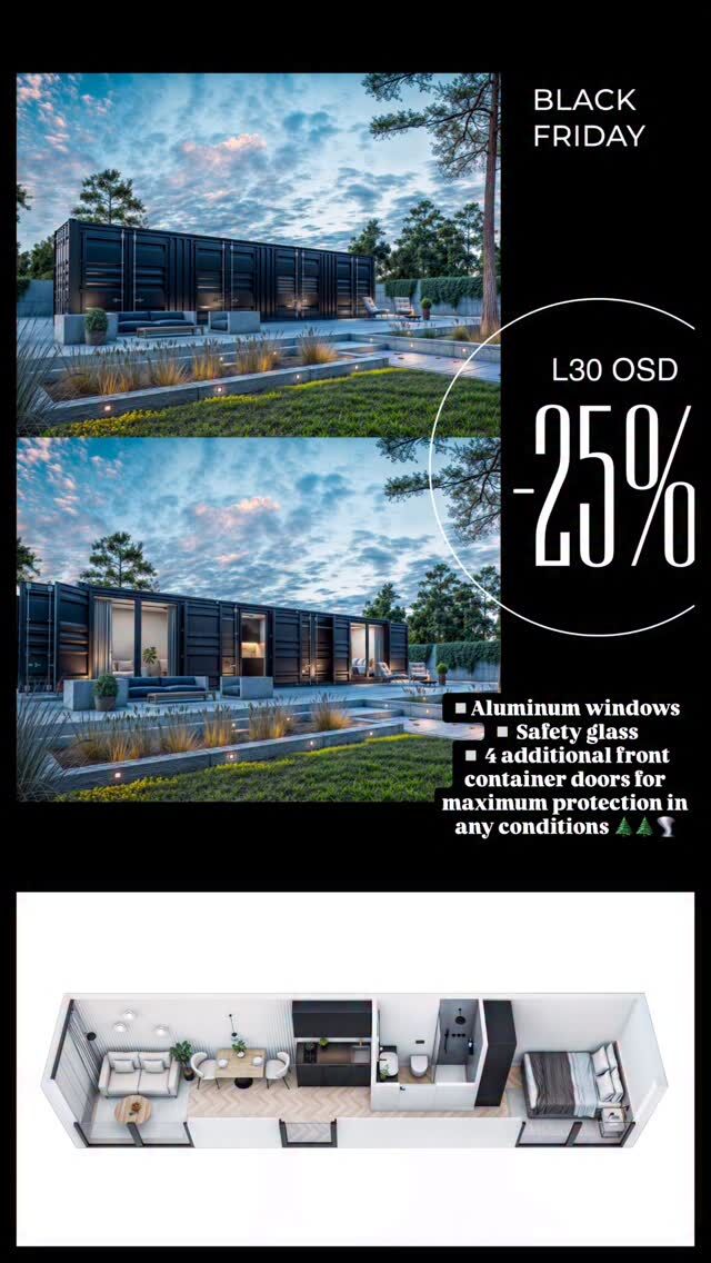 🚨 BLACK FRIDAY DEAL! 🚨
Get 25% OFF the L30 OSD container (practical completion stage). Only one unit available and only until the end of the weekend!✔ Aluminum windows
✔ Safety glass
✔ 4 additional front container doors for maximum protection in any conditions 🌲🌲🌪️First come, first served. Don’t miss it! Worldwide shipping 🌎🌍#containerhouse #containerhome #cabin #tinyhome #dreamhome